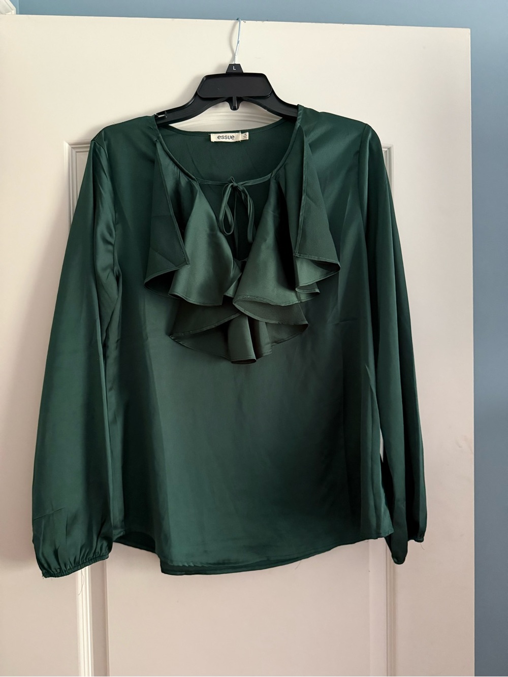 essue Deep Green Ruffle Tie-Neck Blouse